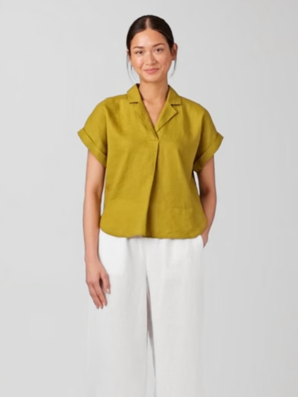 Eileen Fisher Organic Linen Notch Collar Olive-Green Short Sleeve Shirt | S